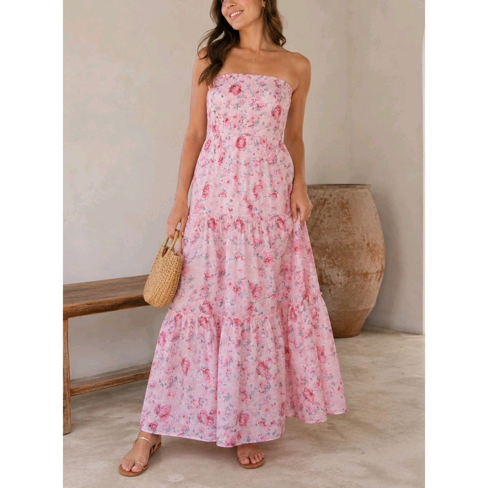 Wild Fable Floral Strapless Maxi Dress Pink Tiered Lined Cottagecore XXL NWT